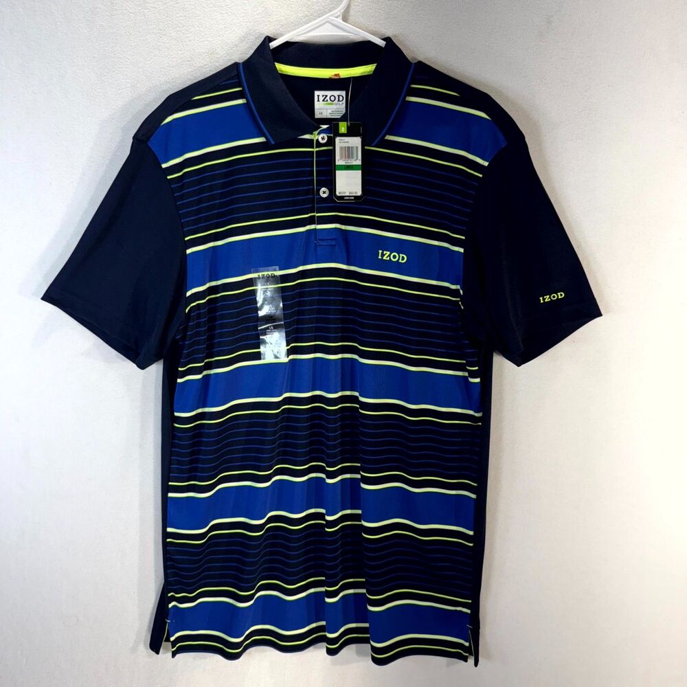 Izod‎ Golf $60 Blue & Green Striped Short Sleeve Polo Mens Size L NEW WITH TAGS